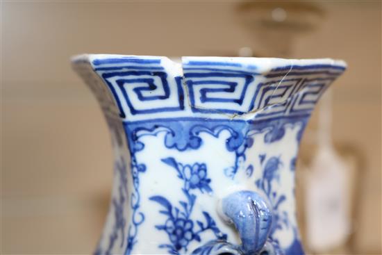 A pair of Chinese blue and white hexagonal vases, 19th century, 20.5cm (a.f.)